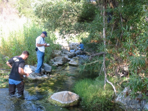 Tommy Liddell and Shane Giller recording physical habitat parameters during bioassessment monitoring along the Ventura River (Sep. 2006)