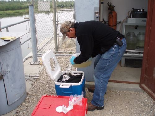 David Thomas compositing aliquots at the Santa Clara River Mass Emission Monitoring Site (May 2007)